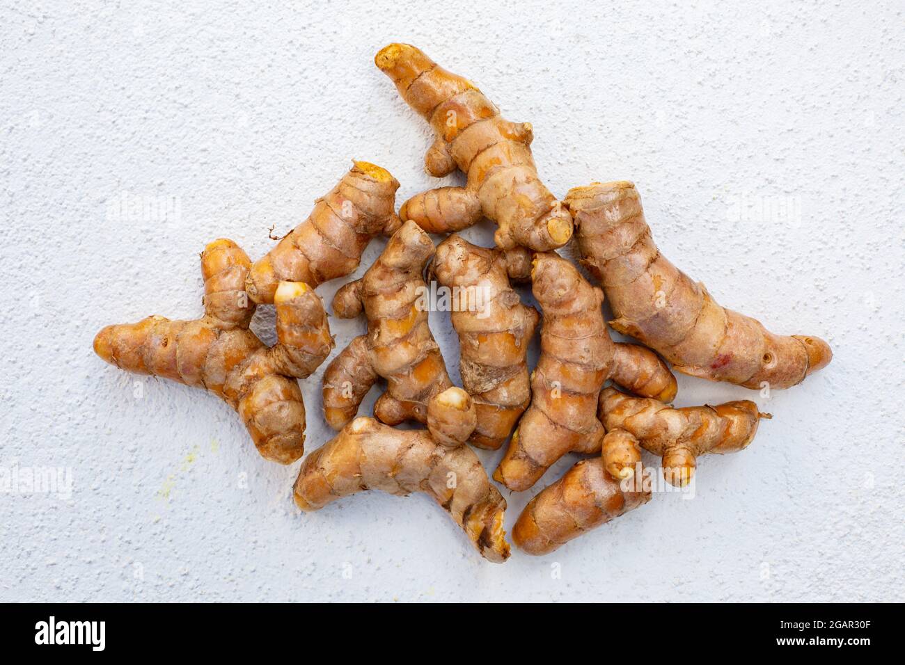 Nahaufnahme von frischen Kurkuma-Wurzeln (Curcuma longa), isoliert auf Weiß. Stockfoto