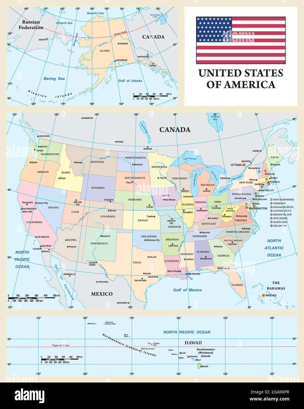 Farbige administrative Vektorkarte der USA mit Bundesstaaten und Hauptstädten Stock Vektor