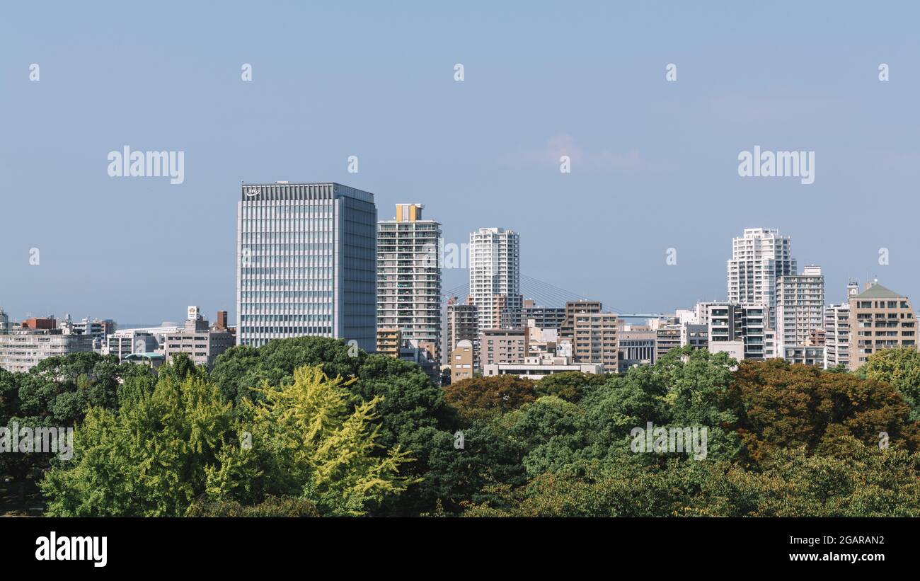 Fukuoka, Japan - Blick auf die Stadt von den Ruinen der Burg Fukuoka. Hohe Gebäude und ein Park mit vielen Bäumen. Stockfoto