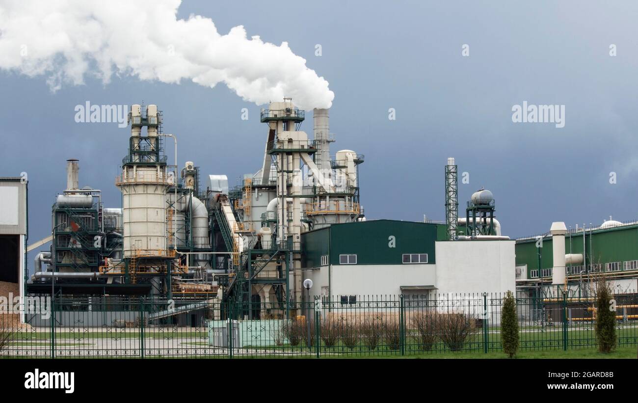 Holzbearbeitungsbetrieb vor dem Hintergrund eines düsteren grauen Himmels. Dichter Rauch kommt aus dem Fabrikschornstein. Luftverschmutzung und Umweltverschmutzung Stockfoto