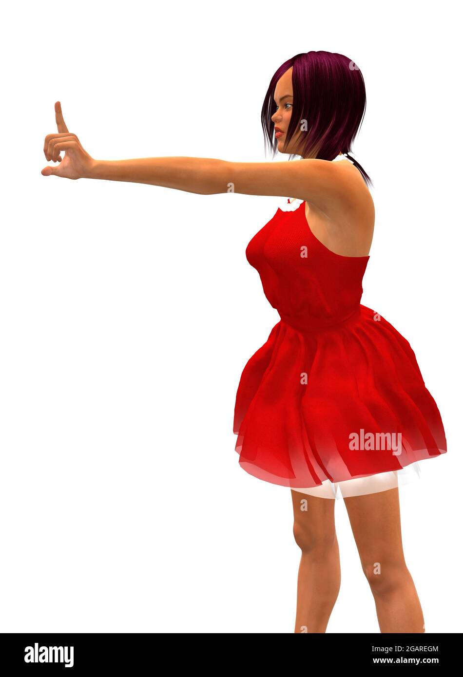 Junge ausdrucksstarke Frau trägt leuchtend rotes Kleid, 3d-Illustration. Stockfoto