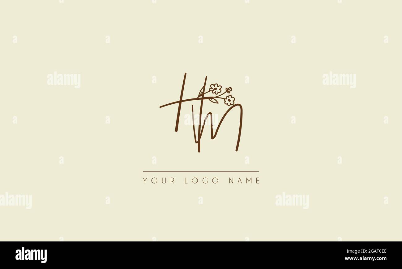 Anfangsbuchstabe HM oder MH Unterschrift handschriftliche Hochzeit botanischen floralen Symbol Logo Vektor Design Illustration Stock Vektor