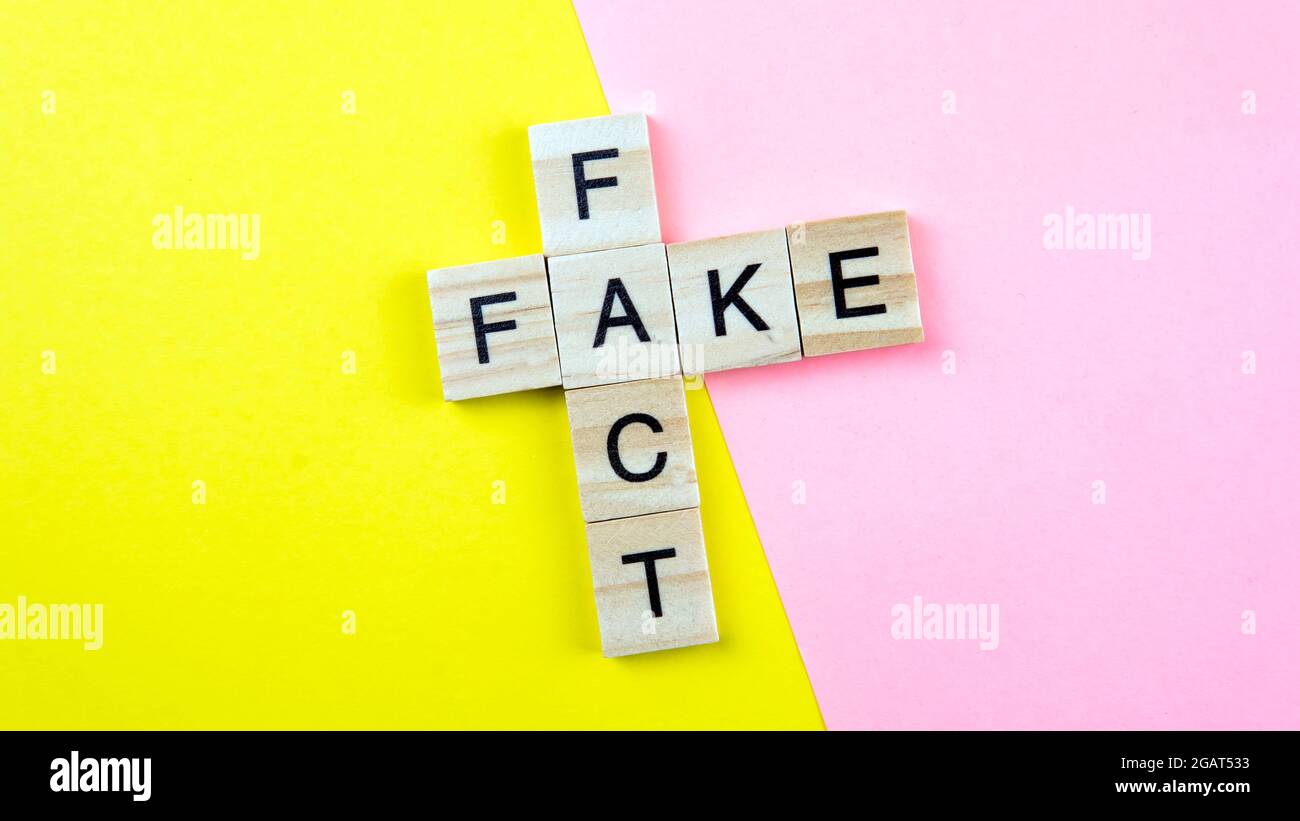 Ein Spielstein aus Wortbildung und Fälschung auf einem gelben und rosa Hintergrund. Selektiver Fokus auf das Wort Fake und Fact. Stockfoto