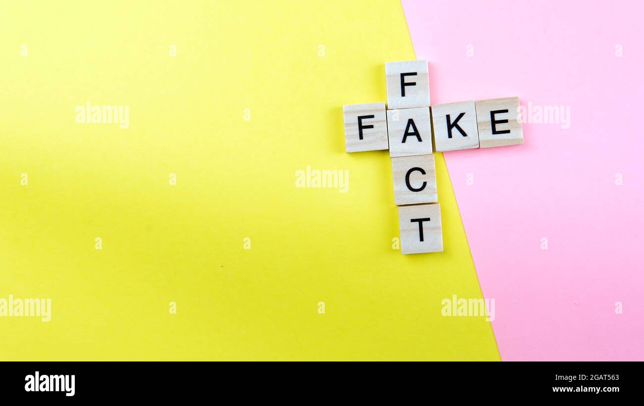 Ein Spielstein aus Wortbildung und Fälschung auf einem gelben und rosa Hintergrund. Selektiver Fokus auf das Wort Fake und Fact. Stockfoto