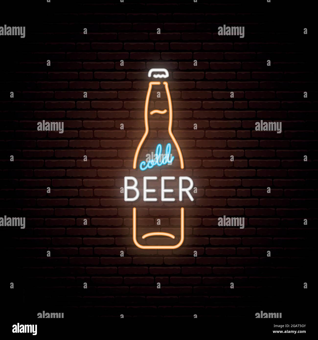 Neonzeichen des kalten Bieres. Neon Bierflaschen Emblem, helles Banner. Werbedesign. Nachtlicht-Schild. Vektorgrafik. Stock Vektor