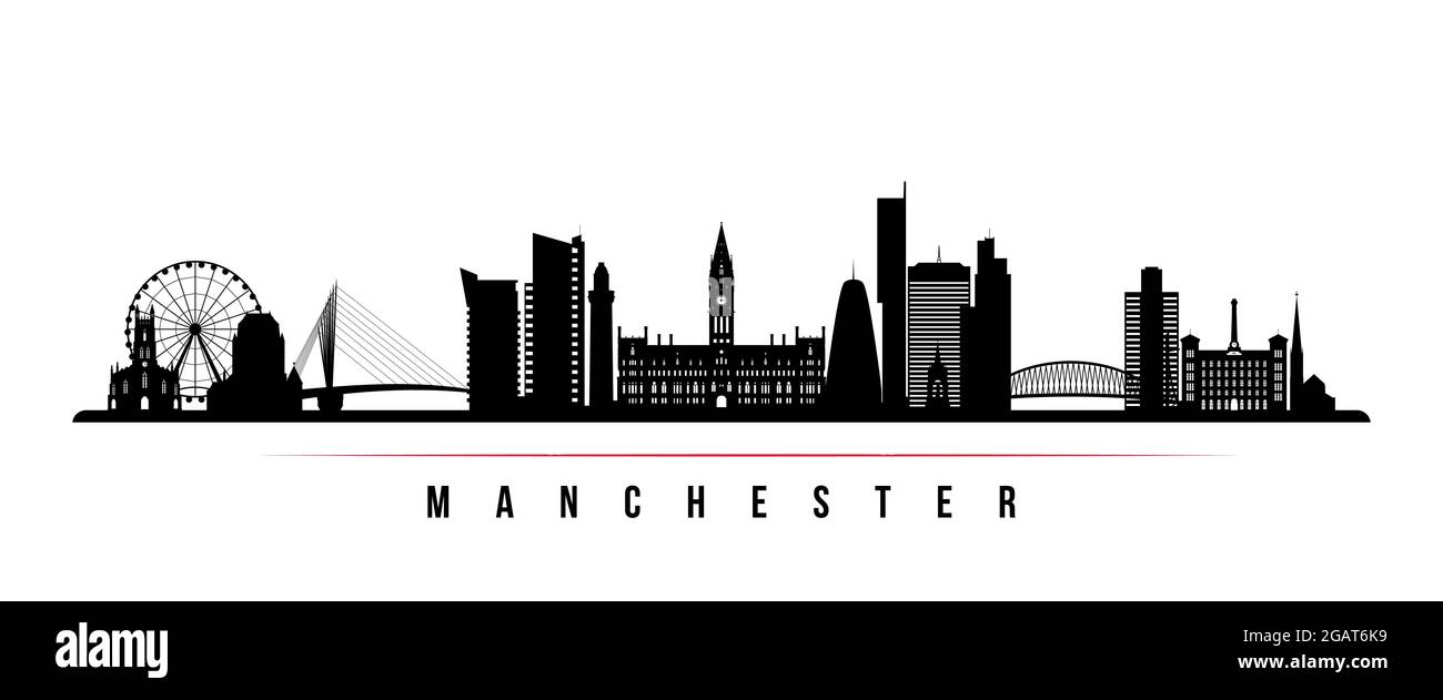 Horizontales Banner der Skyline von Manchester. Schwarz-weiße Silhouette von Manchester City, Vereinigtes Königreich. Vektorvorlage für Ihr Design. Stock Vektor
