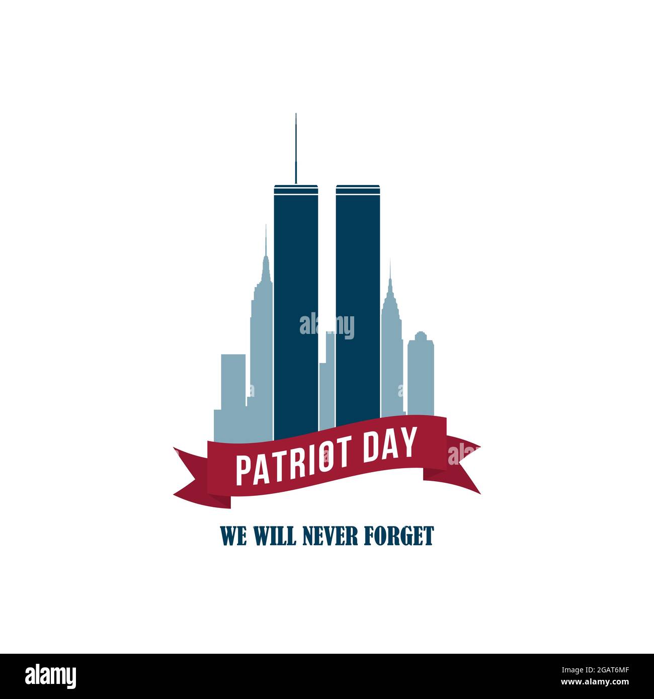 9/11 Patriot Day Karte mit Twin Towers. USA Patriot Day Banner. 11. September 2001. World Trade Center. Wir werden Sie nie vergessen. Vektor-Design-Vorlage Stock Vektor