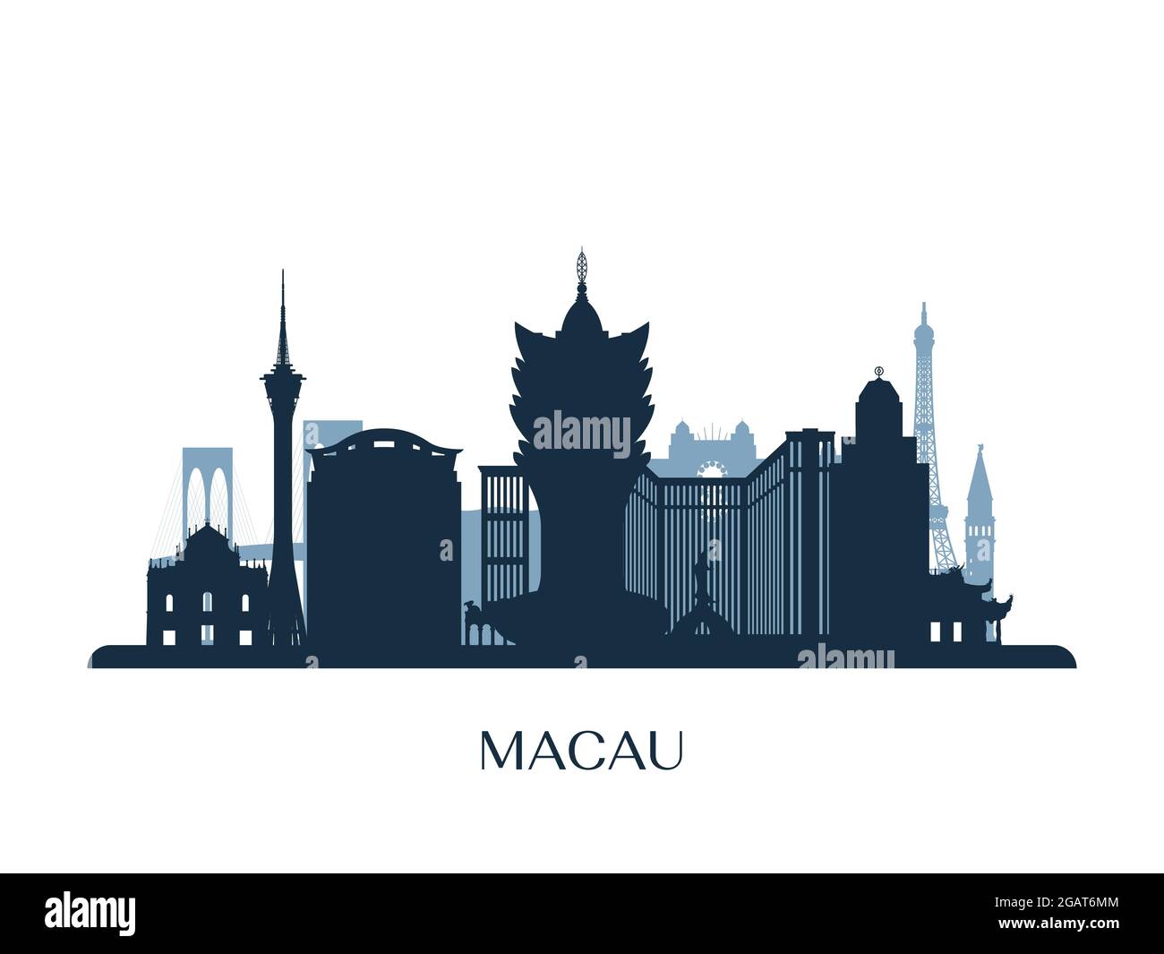 Skyline von Macau, monochrome Silhouette. Vektorgrafik. Stock Vektor