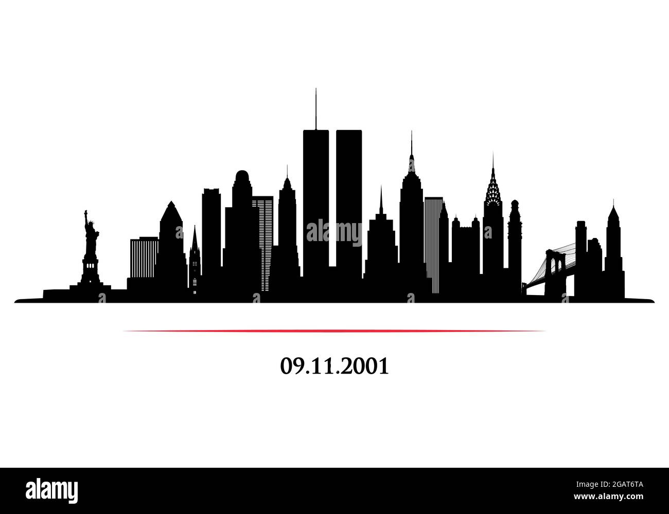 Skyline von New York City mit zwei Türmen. World Trade Center. 09.11.2001 American Patriot Day Jubiläumsbanner. Vektorgrafik. Stock Vektor