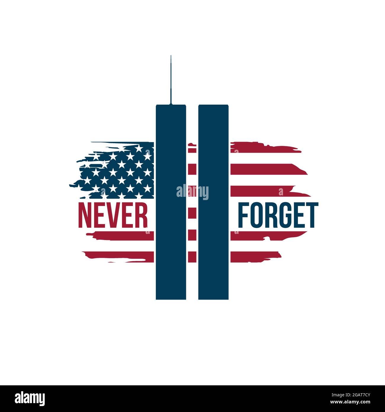 9/11 Patriot Day Karte mit Twin Towers auf amerikanischer Flagge. USA Patriot Day Banner. 11. September 2001. Nie vergessen. World Trade Center.Vektor-Design te Stock Vektor