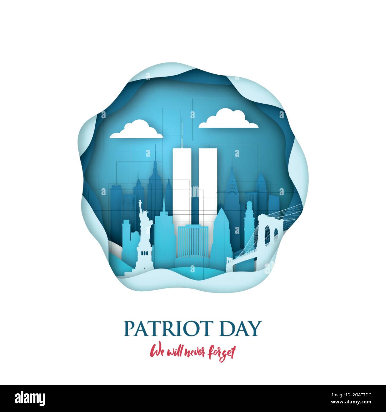 9/11 Patriot Day Papierkunstkarte mit Twin Towers in der Skyline von New York. World Trade Center. USA Patriot Day Banner. 11. September 2001. Nie vergessen. Ve Stock Vektor