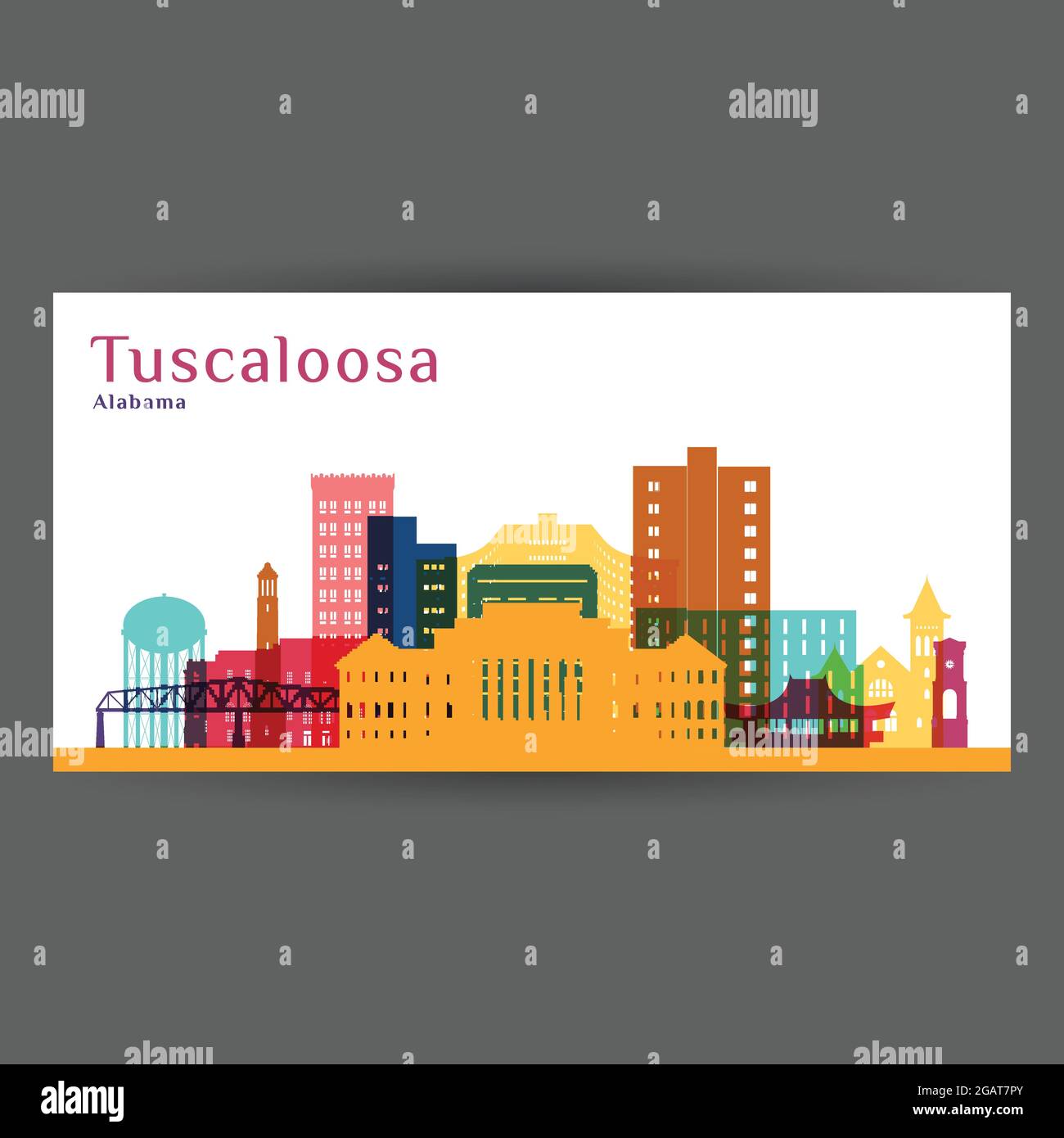 Tuscaloosa Stadtarchitektur Silhouette. Farbenfrohe Skyline. Flaches City-Design. Vector Visitenkarte. Stock Vektor