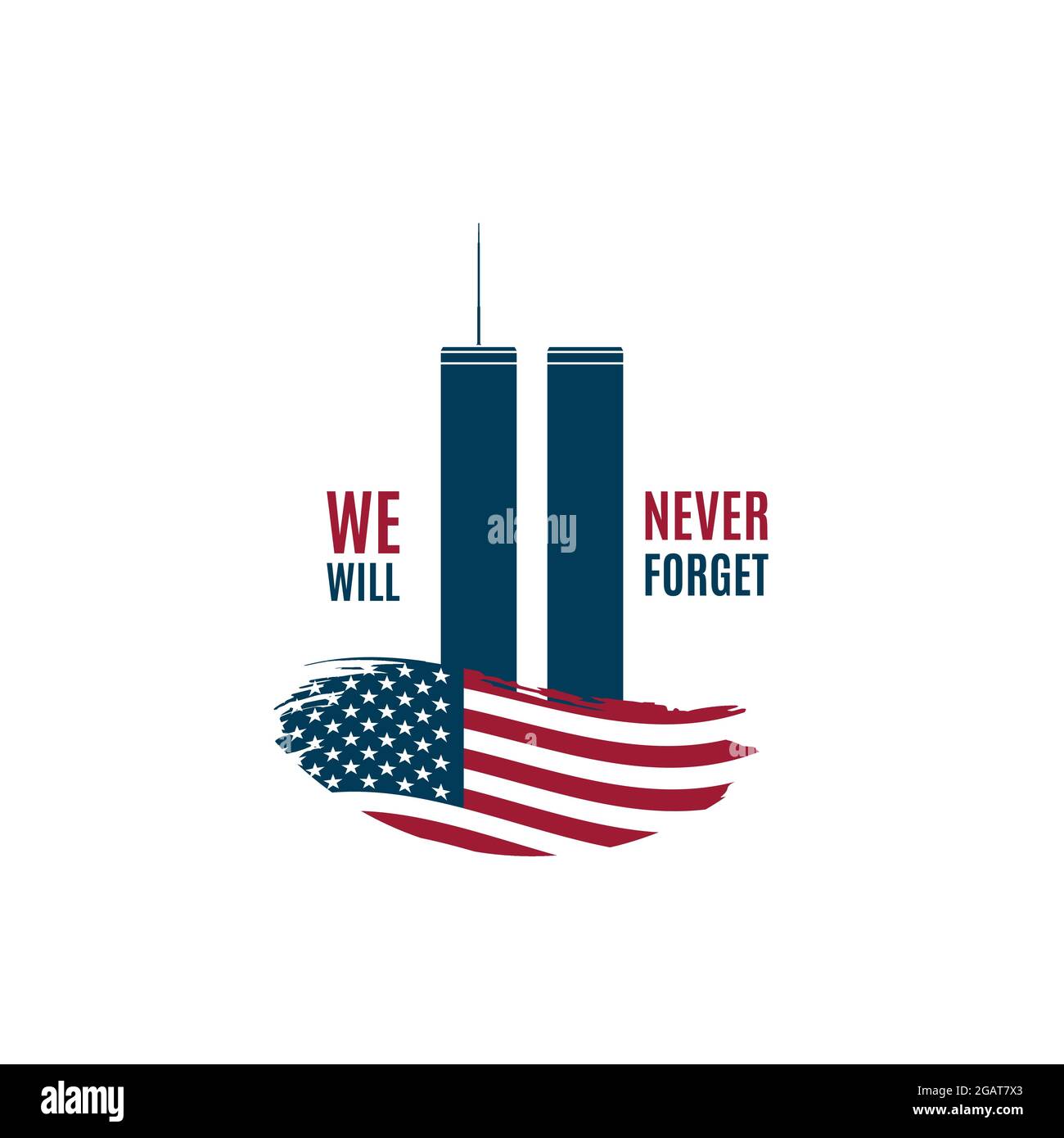 9/11 Patriot Day Karte mit Twin Towers auf amerikanischer Flagge und Phrase We will Never Forget. USA Patriot Day Banner. 11. September 2001. World Trade Center Stock Vektor