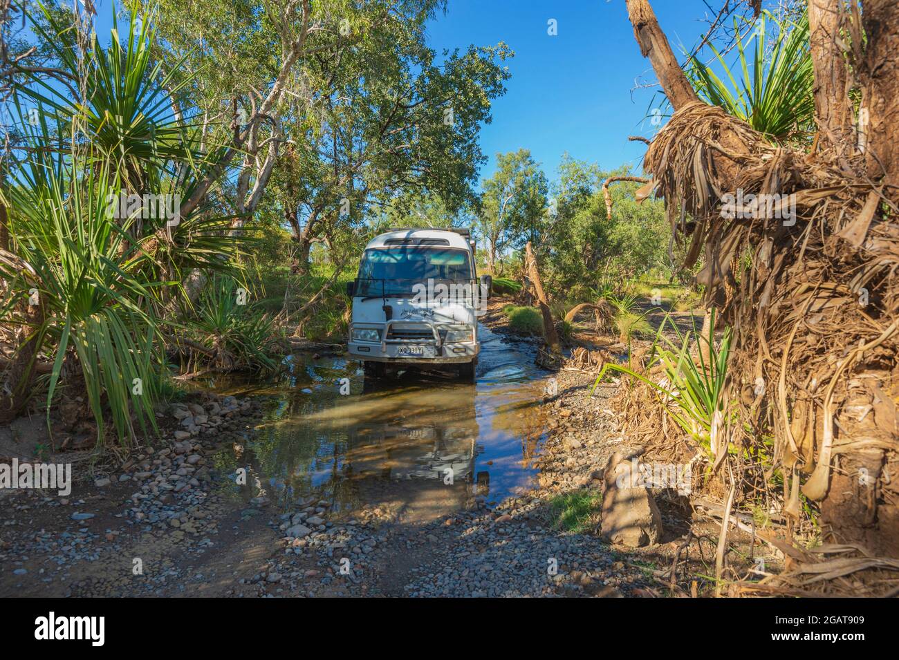Toyota Coaster Bus Wohnmobil überquert einen Bach im Outback, Mornington Wilderness Camp, Gibb River Road, Kimberley Region, Western Australia, WA, Au Stockfoto