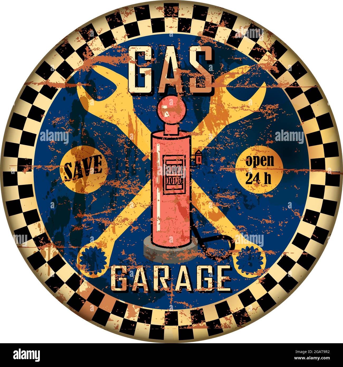 Vintage Route 66 Garage Werkstatt und Tankstelle Zeichen, grungy und verwittert Stil, Vektor-Illustration Stock Vektor