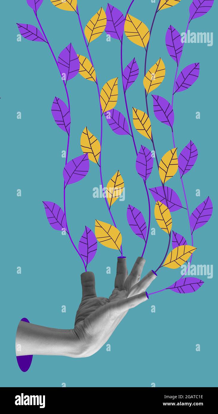 Zeitgenössische surreale Illustration. Moderne konzeptuelle Kunstcollage mit der Pflanze, die aus den Fingern wächst. Stockfoto