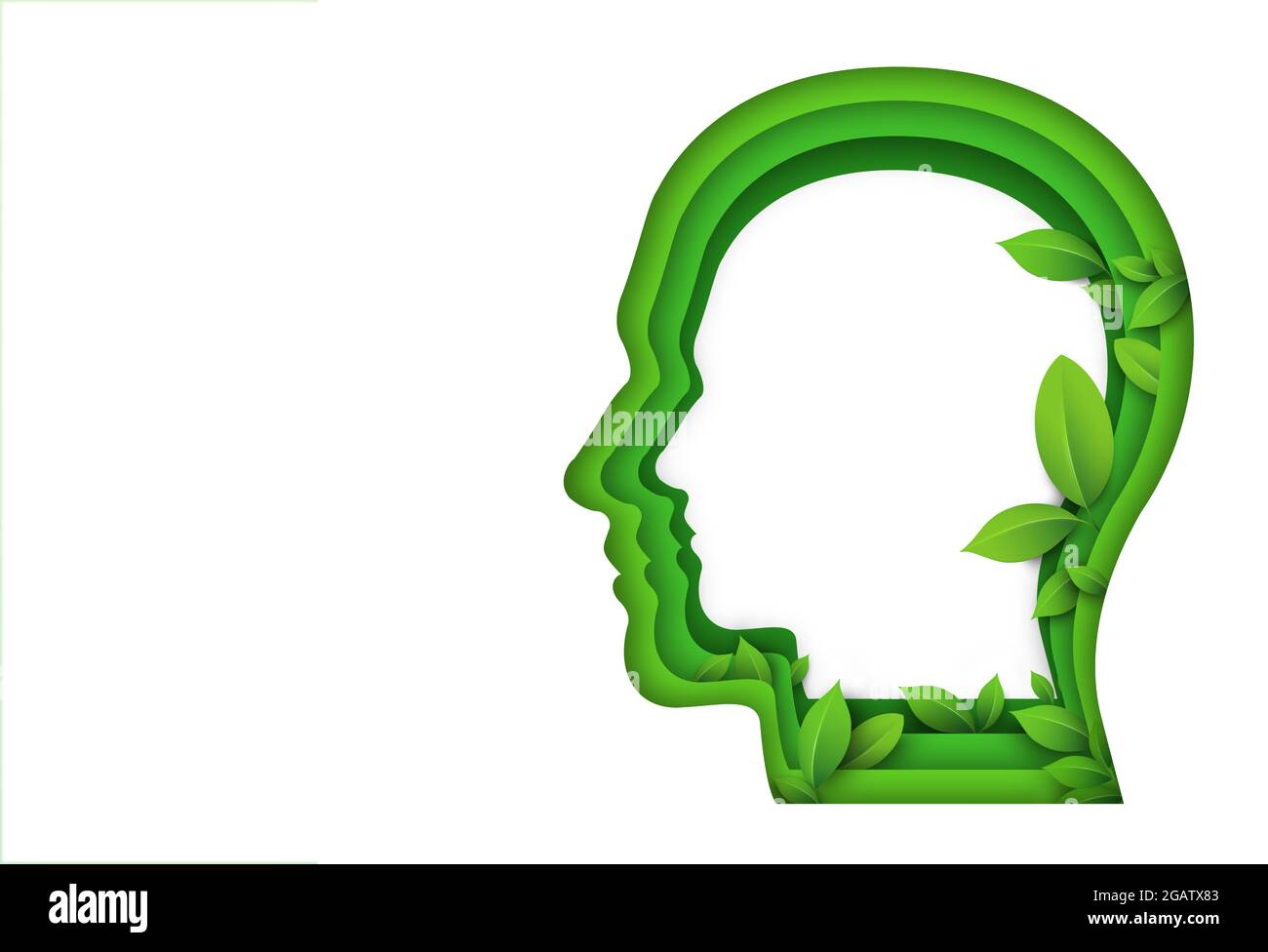 Grüne Blätter in grünem Menschenkopf. Illustration. Stockfoto