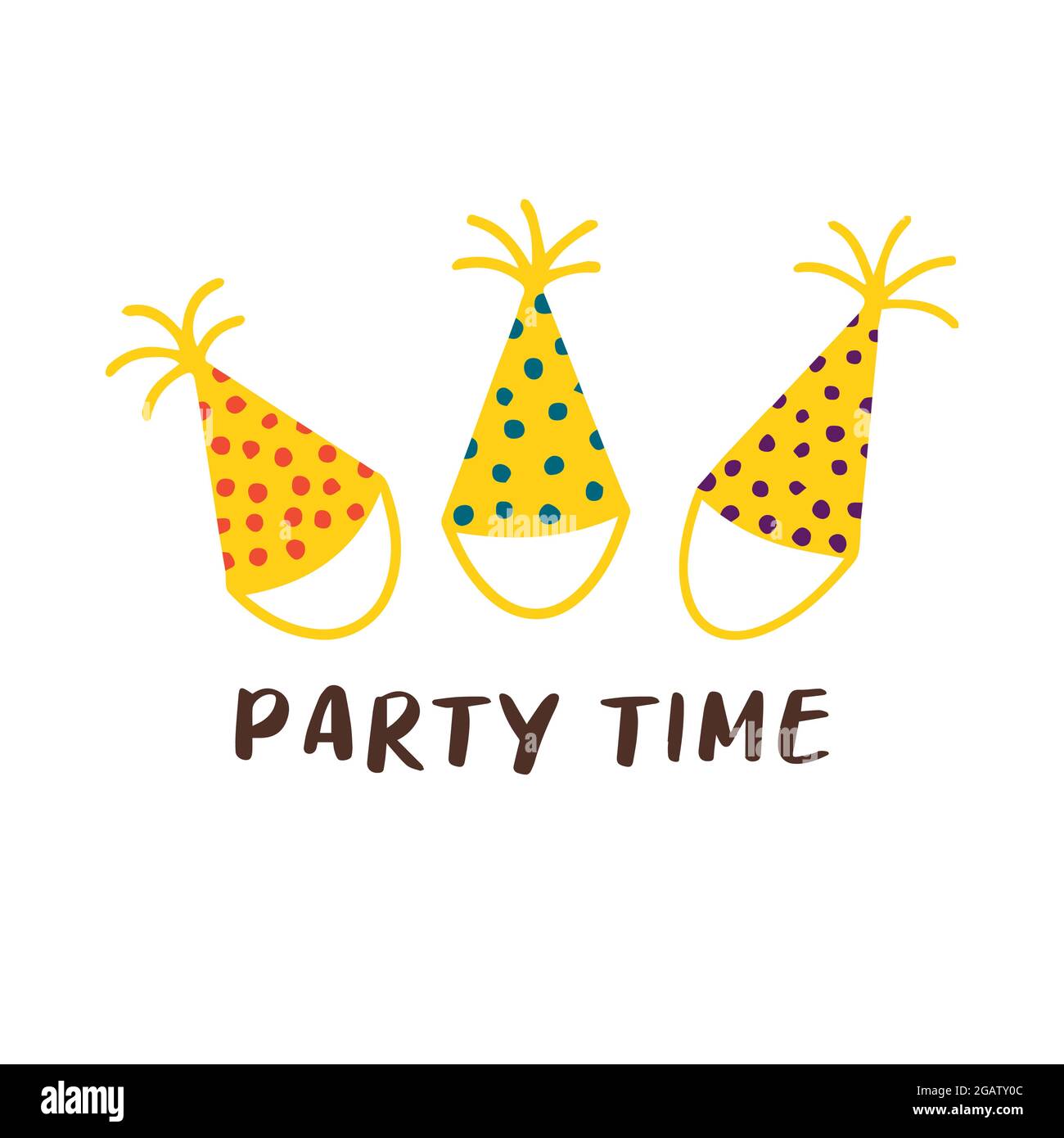 Drei festliche Kappen. „Party Time“-Inschrift. Vektor bunte Illustration Hand gezeichnet isoliert Stock Vektor