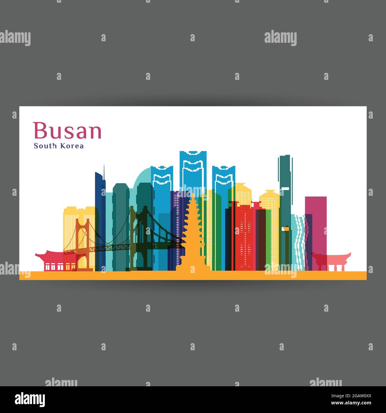 Busan Stadtarchitektur Silhouette. Farbenfrohe Skyline. Flaches City-Design. Vector Visitenkarte. Stock Vektor