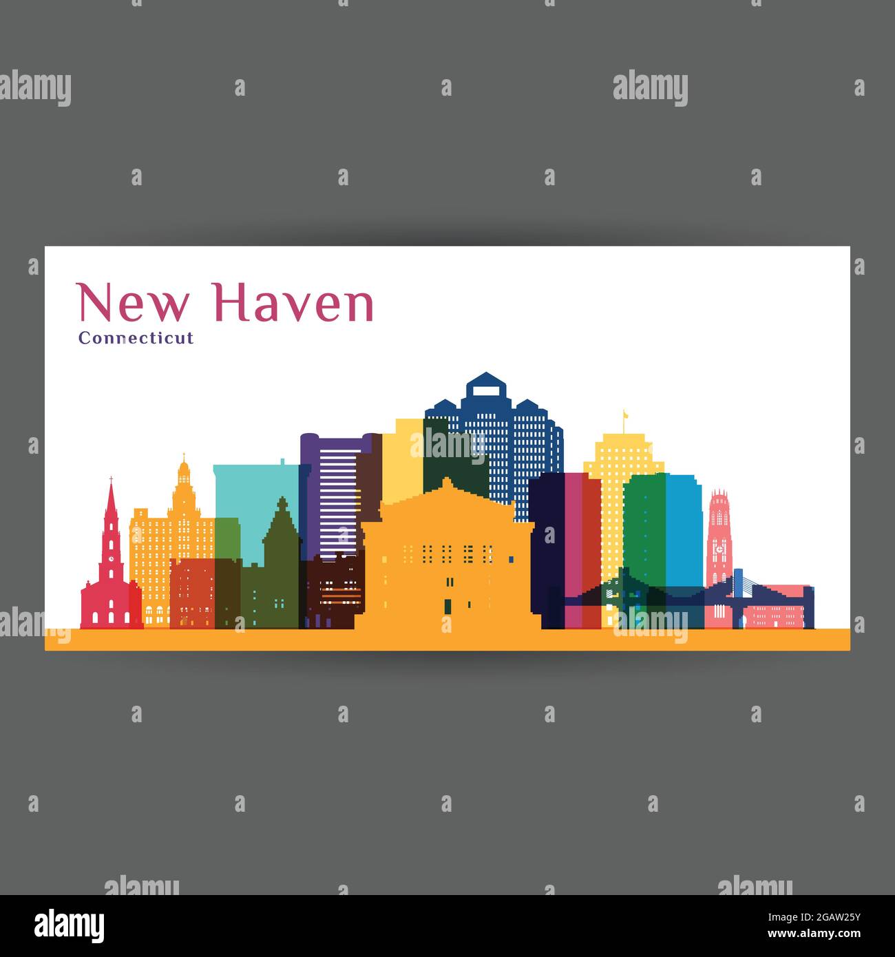 New Haven Stadtarchitektur Silhouette. Farbenfrohe Skyline. Flaches City-Design. Vector Visitenkarte. Stock Vektor