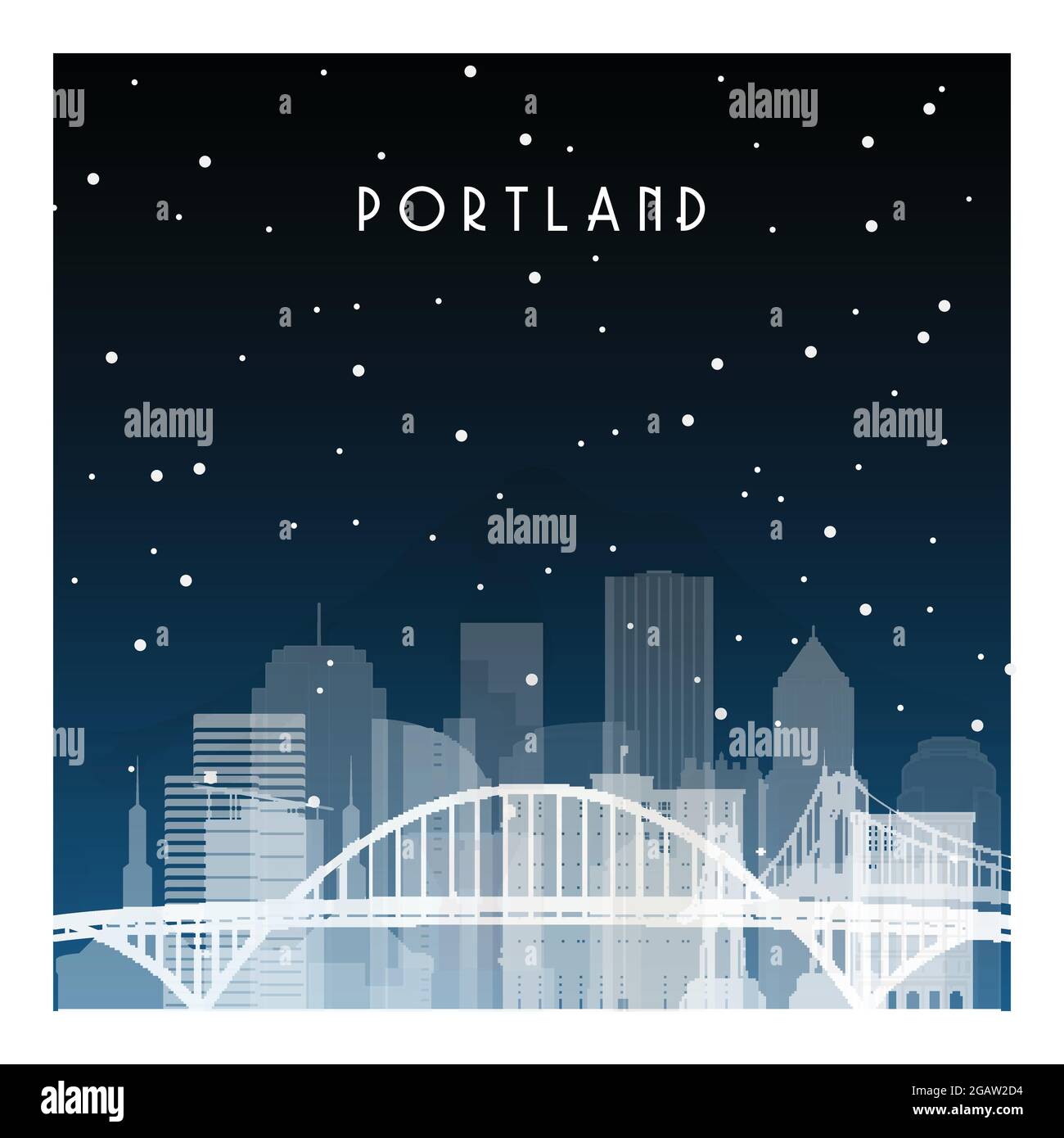 Winternacht in Portland. Nachtstadt im flachen Stil für Banner, Poster, Illustration, Hintergrund. Stock Vektor