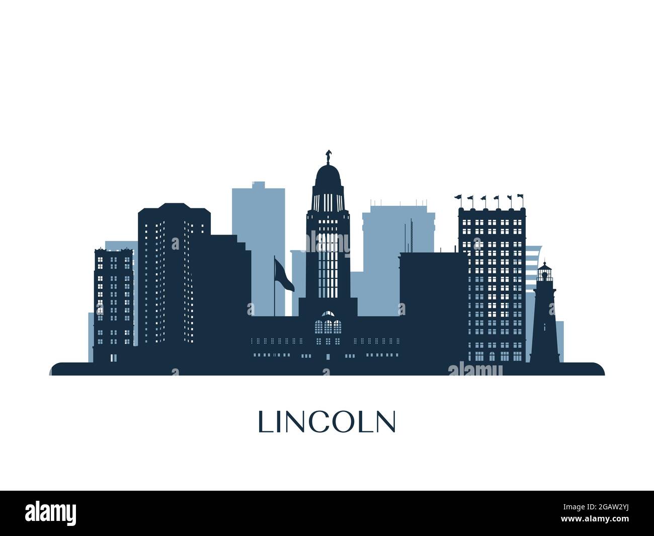 Lincoln Skyline, monochrome Silhouette. Vektorgrafik. Stock Vektor