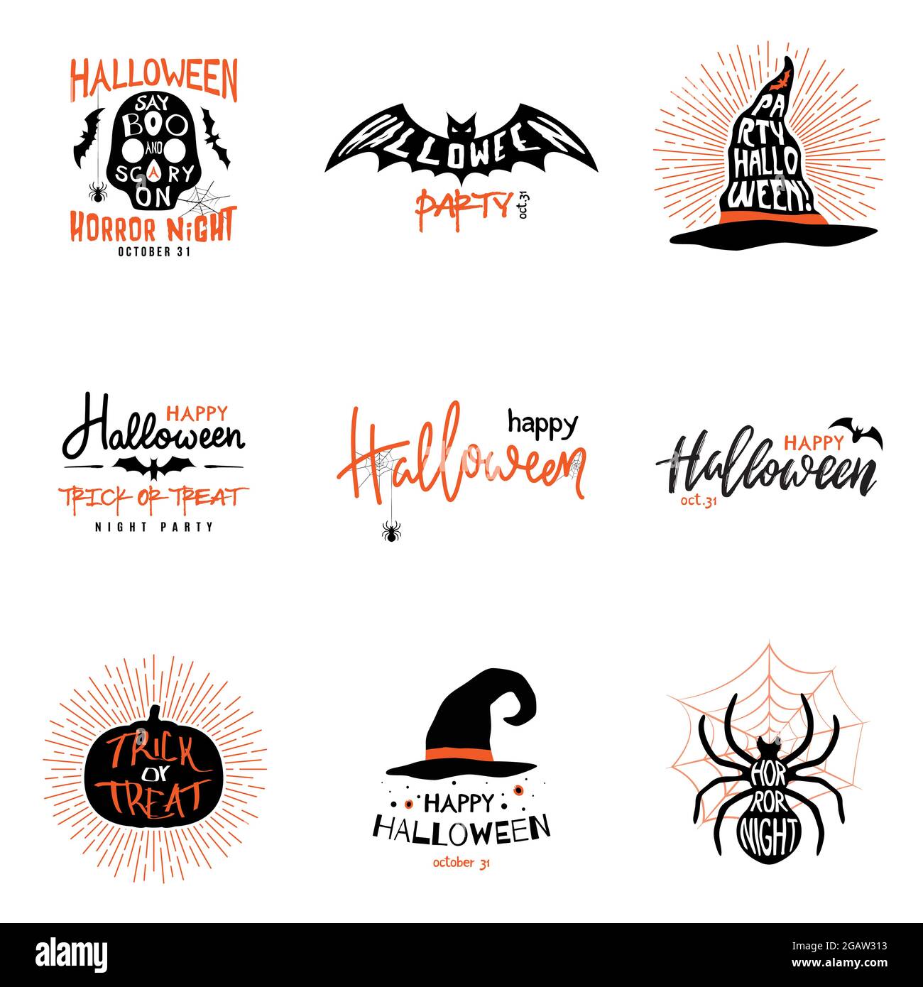 Happy Halloween Overlays, Lettering Labels Design Set. Isoliertes Emblem mit Zitat Trick or Treat. Halloween-Party-Abzeichen. Vektorclipart Stock Vektor