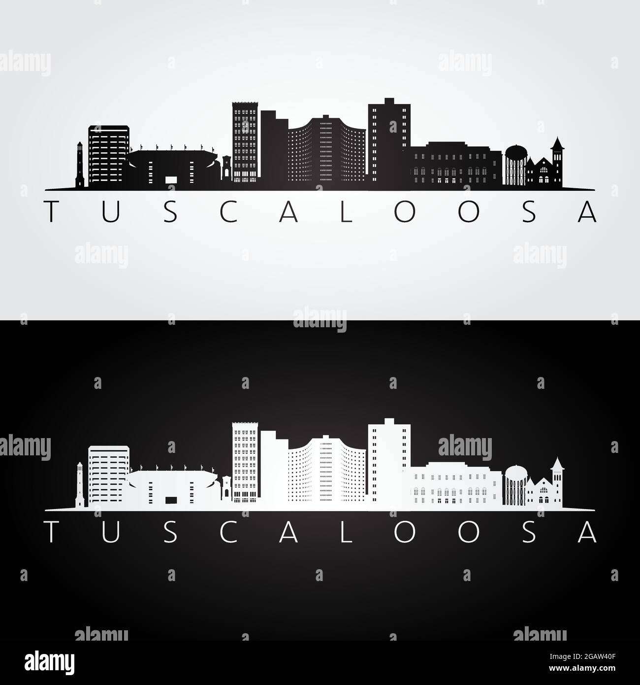 Tuscaloosa, USA Skyline und Wahrzeichen Silhouette, Schwarz-Weiß-Design, Vektor-Illustration. Stock Vektor