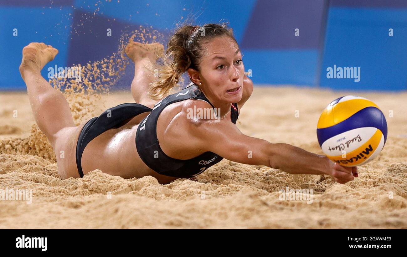 Olympische Spiele 2020 in Tokio - Beachvolleyball - Frauen - Runde der 16.  Runde - Schweiz (Verge-depre A/Heidrich) / Schweiz (Huberli/Betschart) -  Shiokaze Park, Tokio, Japan - 1. August 2021. Nina Betschart