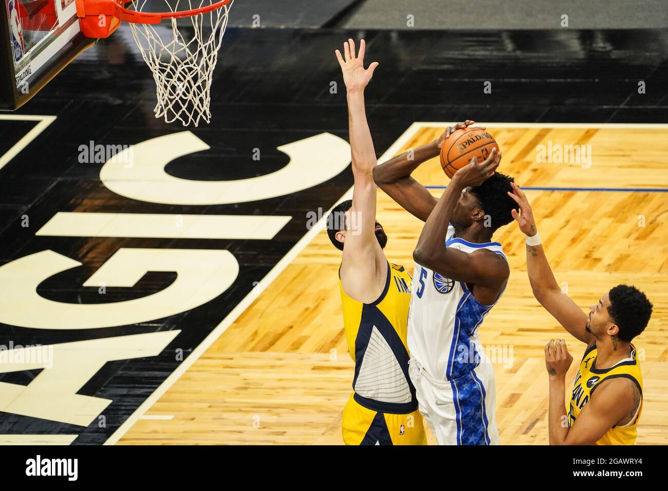 Orlando, Florida, USA, 9. April 2021, Indiana Pacers Gesicht der Orlando Magie im Amway Center (Foto: Marty Jean-Louis) Stockfoto