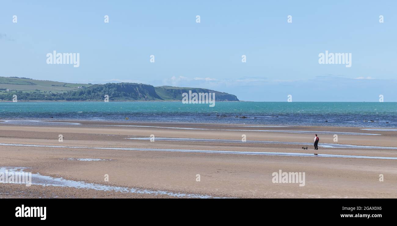 Frau, die einen Hund am Ayr Beach läuft und auf die Köpfe von Ayr, Ayrshire, Schottland, Großbritannien schaut, wenn die Flut ausläuft Stockfoto