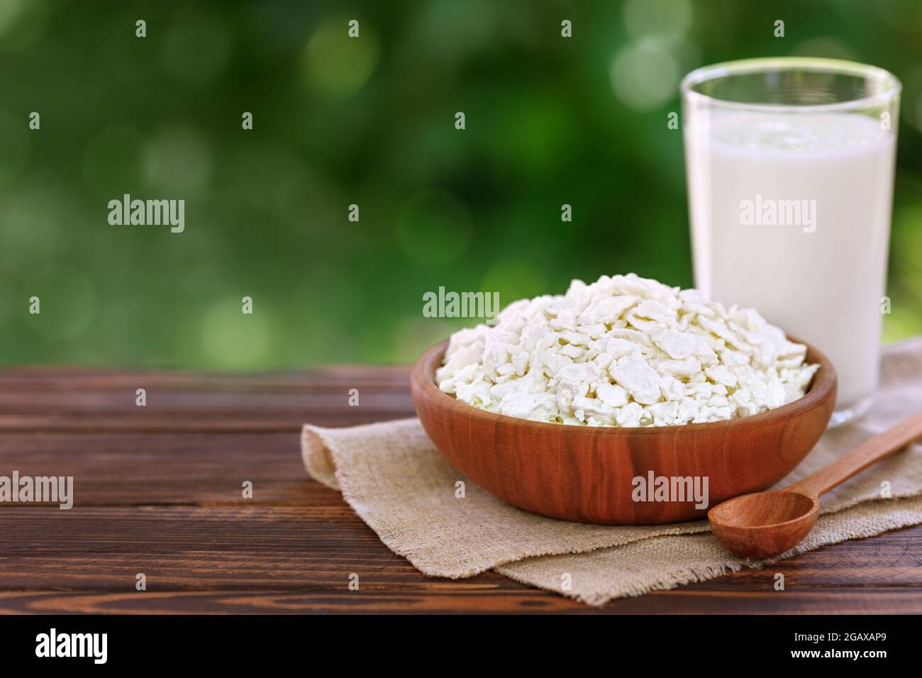 Joghurt und Hüttenkäse auf dem Tisch im Freien Stockfoto