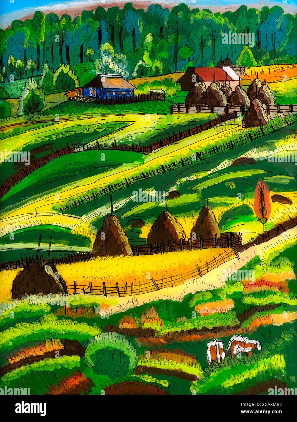 Umgekehrte Glasmalerei eines Bauernhofes in der Region Maramures in Rumänien. Bunte naive hügelige Landschaftsmalerei. Stockfoto