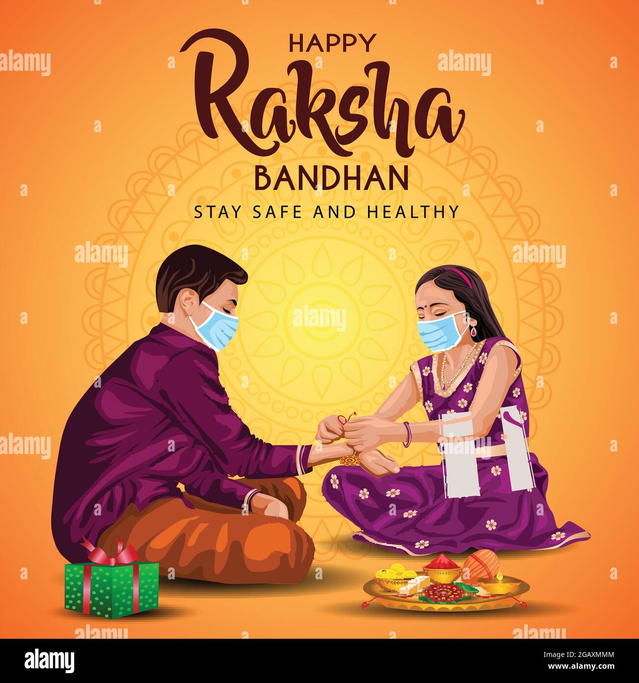 Indischer Bruder und Schwester tragen chirurgische Maske. Happy Raksha Bandhan Festival. Rakhi Feier in indien Vektor-Illustration. Covid-19 Corona-Virus Stock Vektor