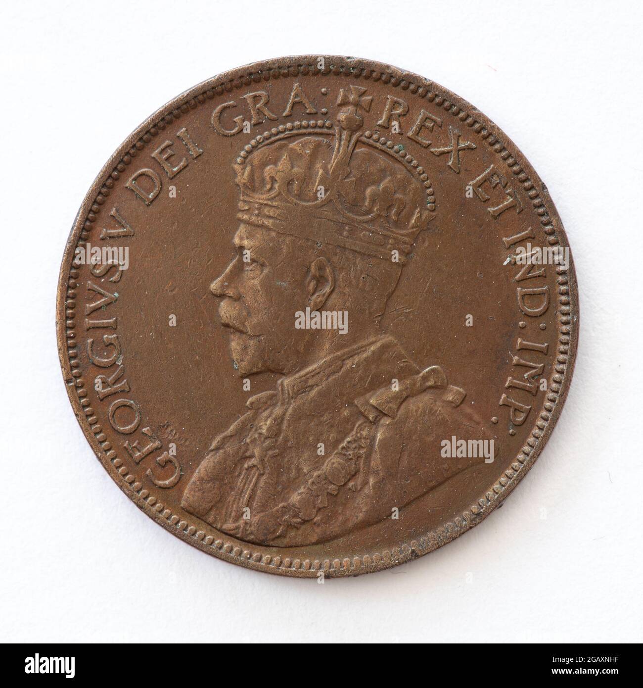 Kanadische 1-Cent-Münze von 1917. Die Vorderseite wurde von Edgar Bertram MacKennal gestochen. Die Rückseite wurde von W.H.J. graviert Blakemore Stockfoto