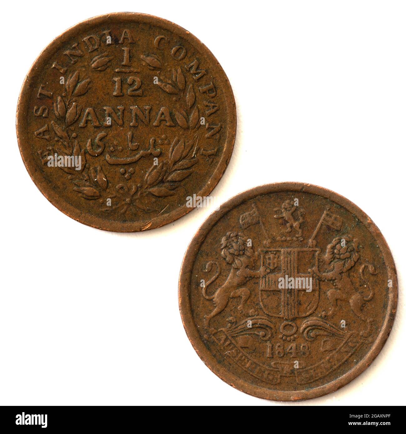 East India Company 1/12 (eine zwölfte) Anna-Münze von 1848 Stockfoto