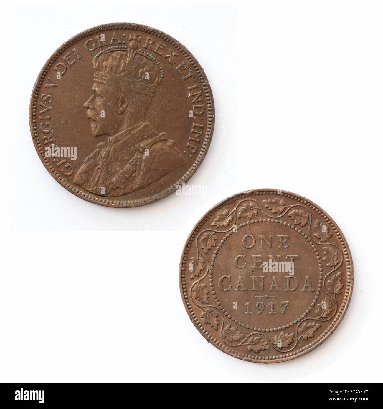 Kanadische 1-Cent-Münze von 1917. Die Vorderseite wurde von Edgar Bertram MacKennal gestochen. Die Rückseite wurde von W.H.J. graviert Blakemore Stockfoto
