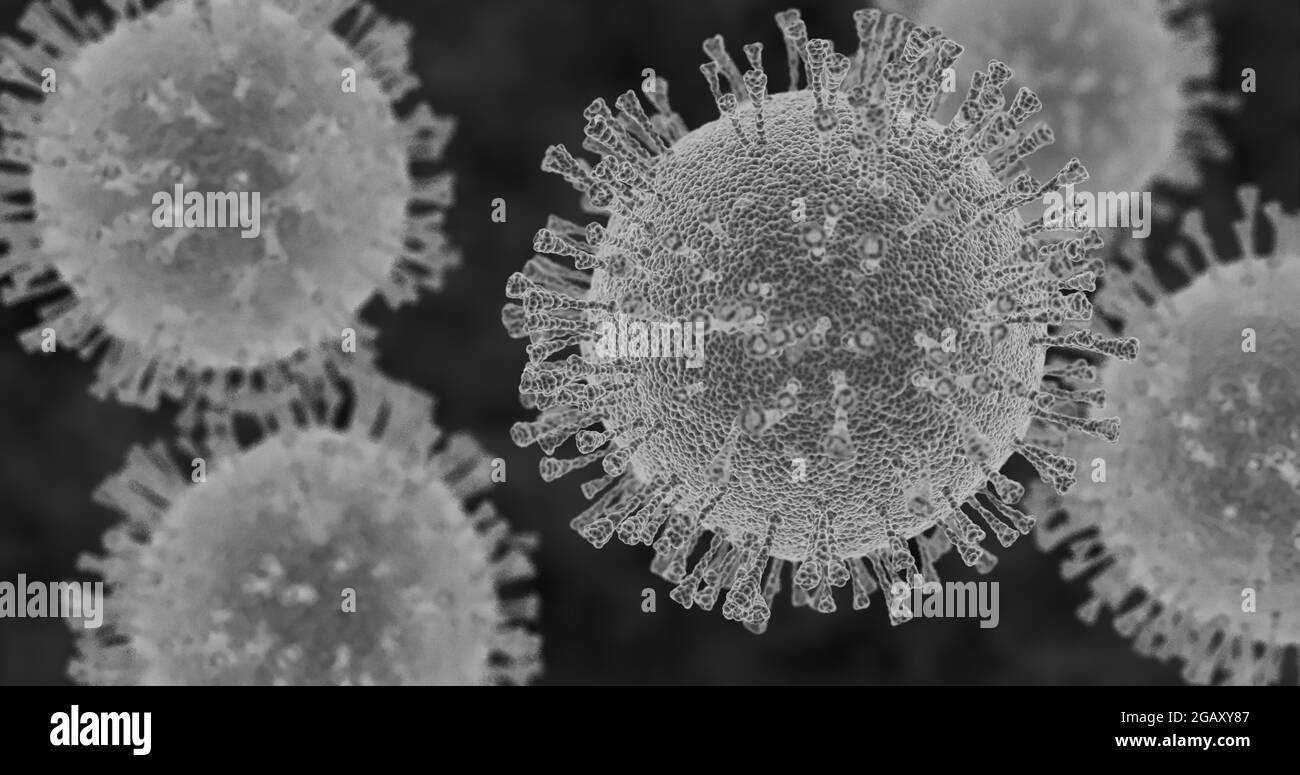 3d-Simulation des Corona-Virus. Künstlerische Darstellung der Elektronenmikroskop-Visualisierung. Hochwertige 4k-Aufnahmen Stockfoto