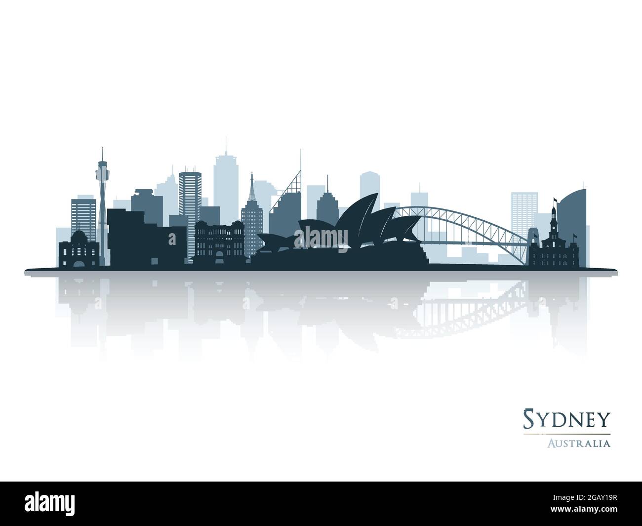 Silhouette der blauen Skyline von Sydney mit Spiegelung. Vektorgrafik. Stock Vektor