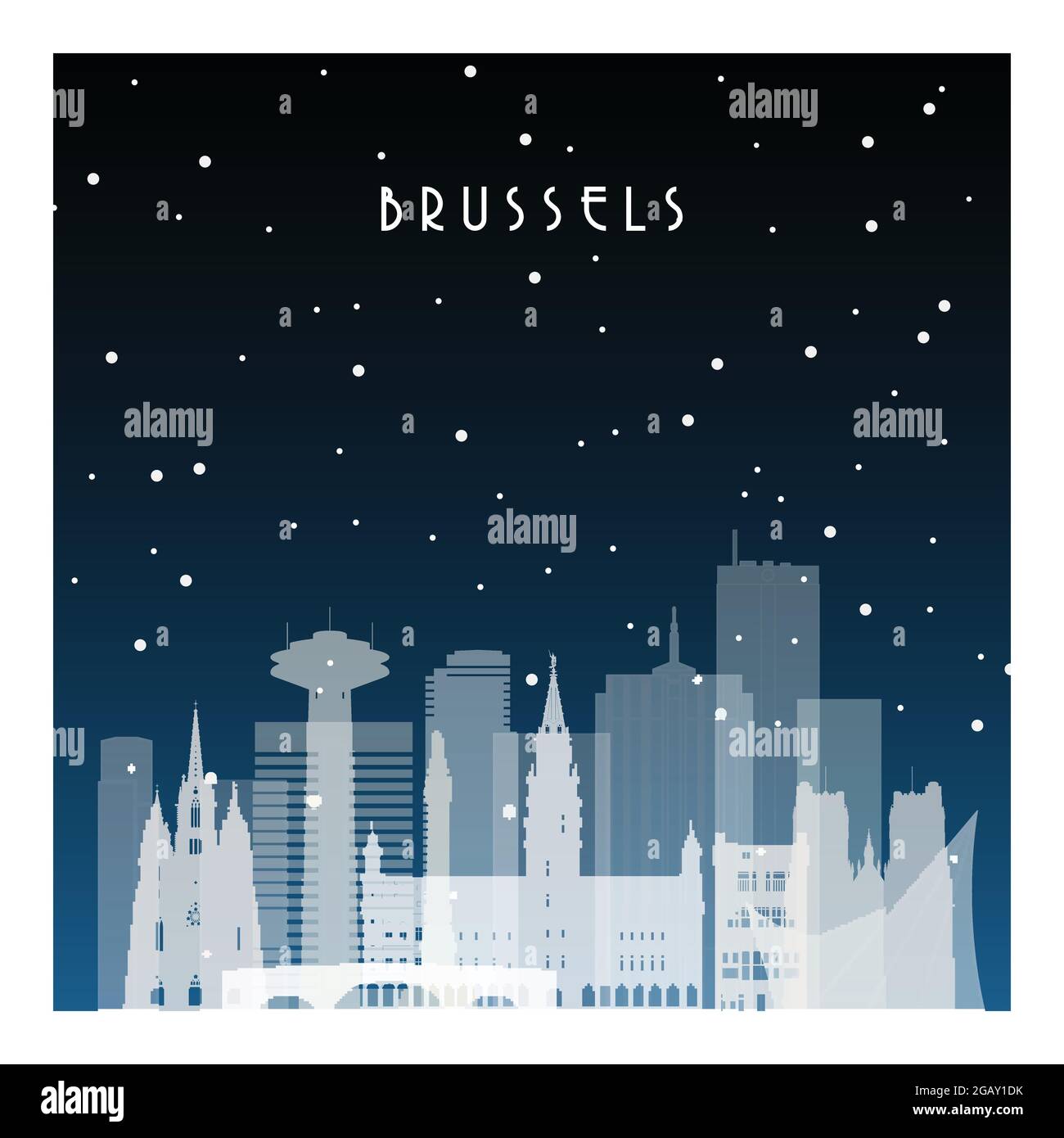 Winternacht in Brüssel. Nachtstadt im flachen Stil für Banner, Poster, Illustration, Hintergrund. Stock Vektor