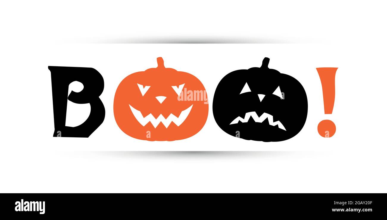 Halloween-Party-Banner. Stilisierte Inschrift BOO mit Kürbis. Vektordesign-Vorlage. Stock Vektor