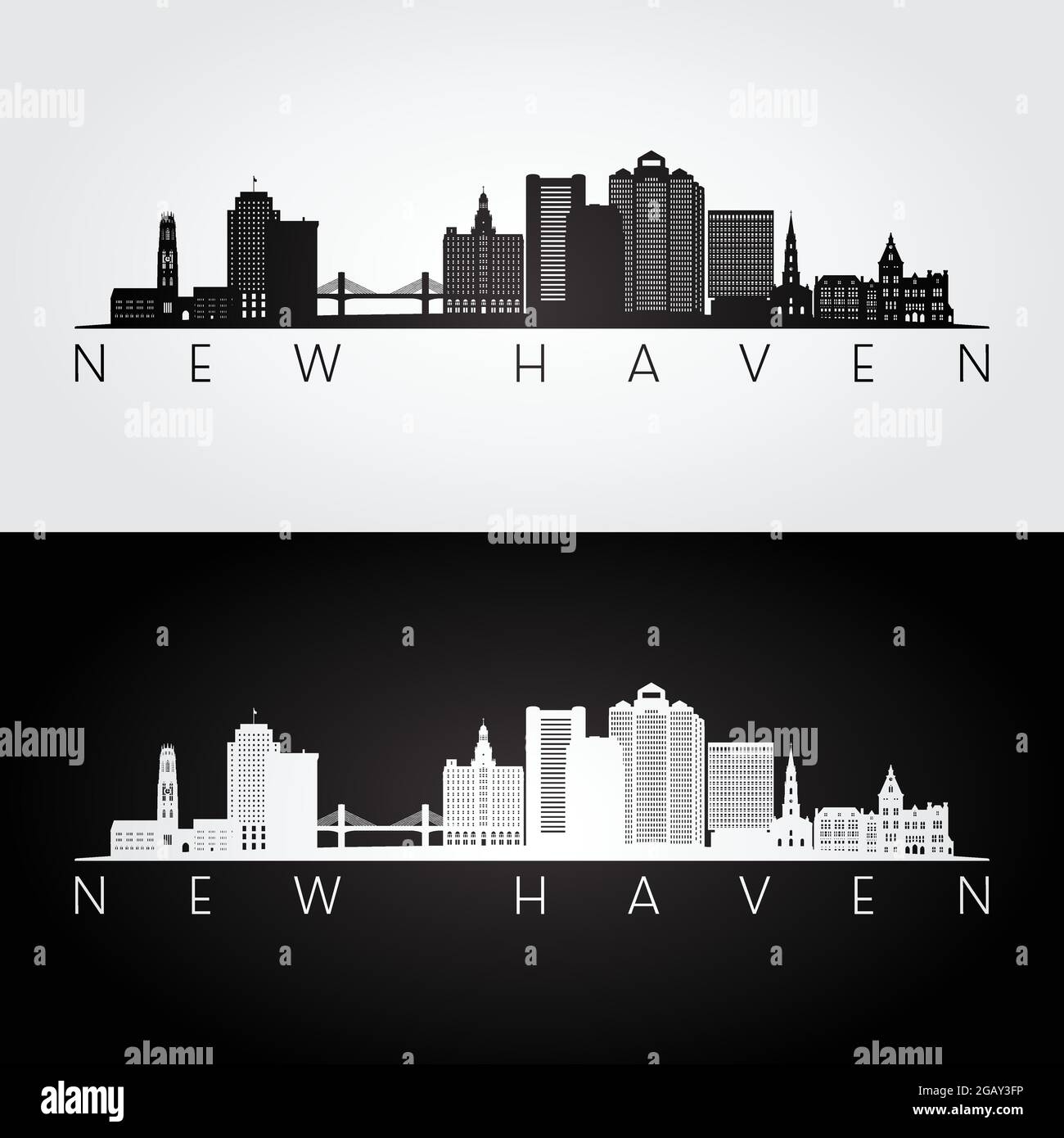 New Haven, USA Skyline und Wahrzeichen Silhouette, schwarz-weiß-Design, Vektor-Illustration. Stock Vektor
