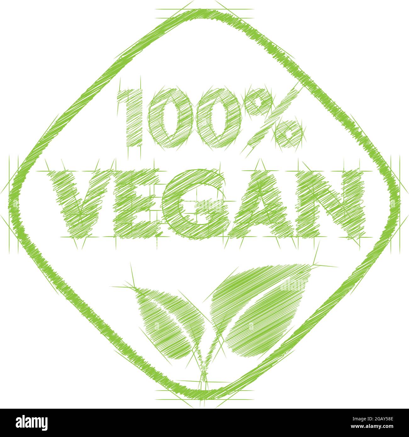 Grün gekritzeltes 100 Prozent VEGANES Etikett oder Logo isoliert auf weißem Hintergrund, Vektorgrafik Stock Vektor