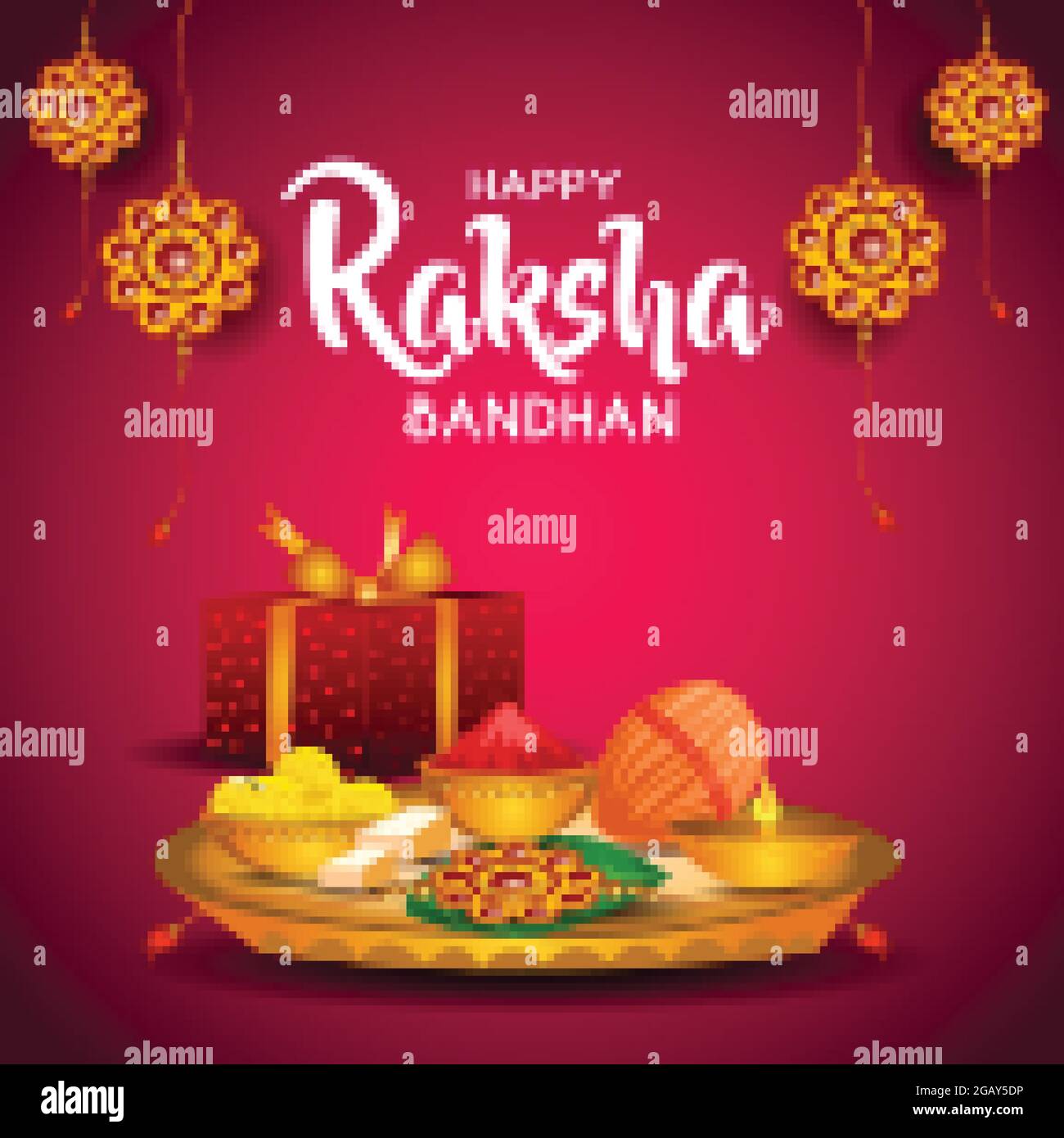 Happy Raksha Bandhan Feier Konzept. Schön dekoriert Thali, Teller mit Rakhi, Sweet und irdenen Lampe. vektor-Illustration Stock Vektor