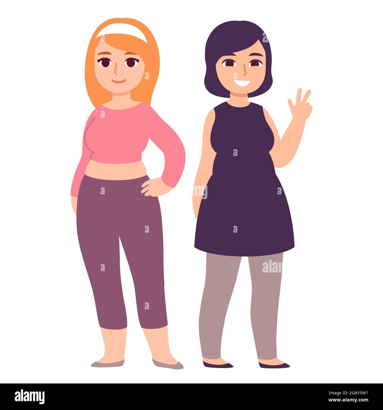 Zwei niedliche mollige Mädchen posieren für Foto. Plus-Size-Mode. Vektorgrafik im Cartoon-Stil. Stock Vektor