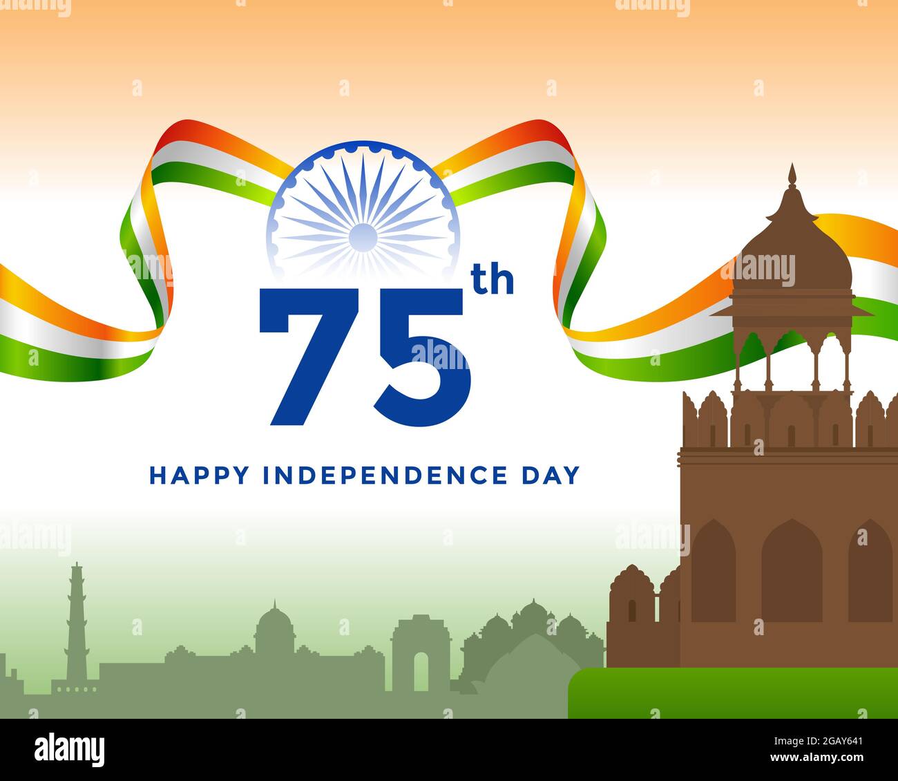 75. Unabhängigkeitstag Indiens Begrüßung mit dreifarbiger indischer Flagge. Vorlage für Website und Social Media am 15. August. Stock Vektor