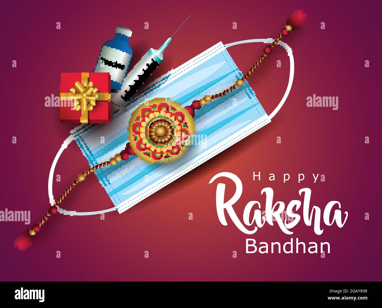 Ndian Festival Happy Raksha Bandhan Grußkarte mit dekorativen Rakhi, chirurgische Maske, Vektor-Illustration-Design. Covid19, Corona-Virus-Konzept Stock Vektor
