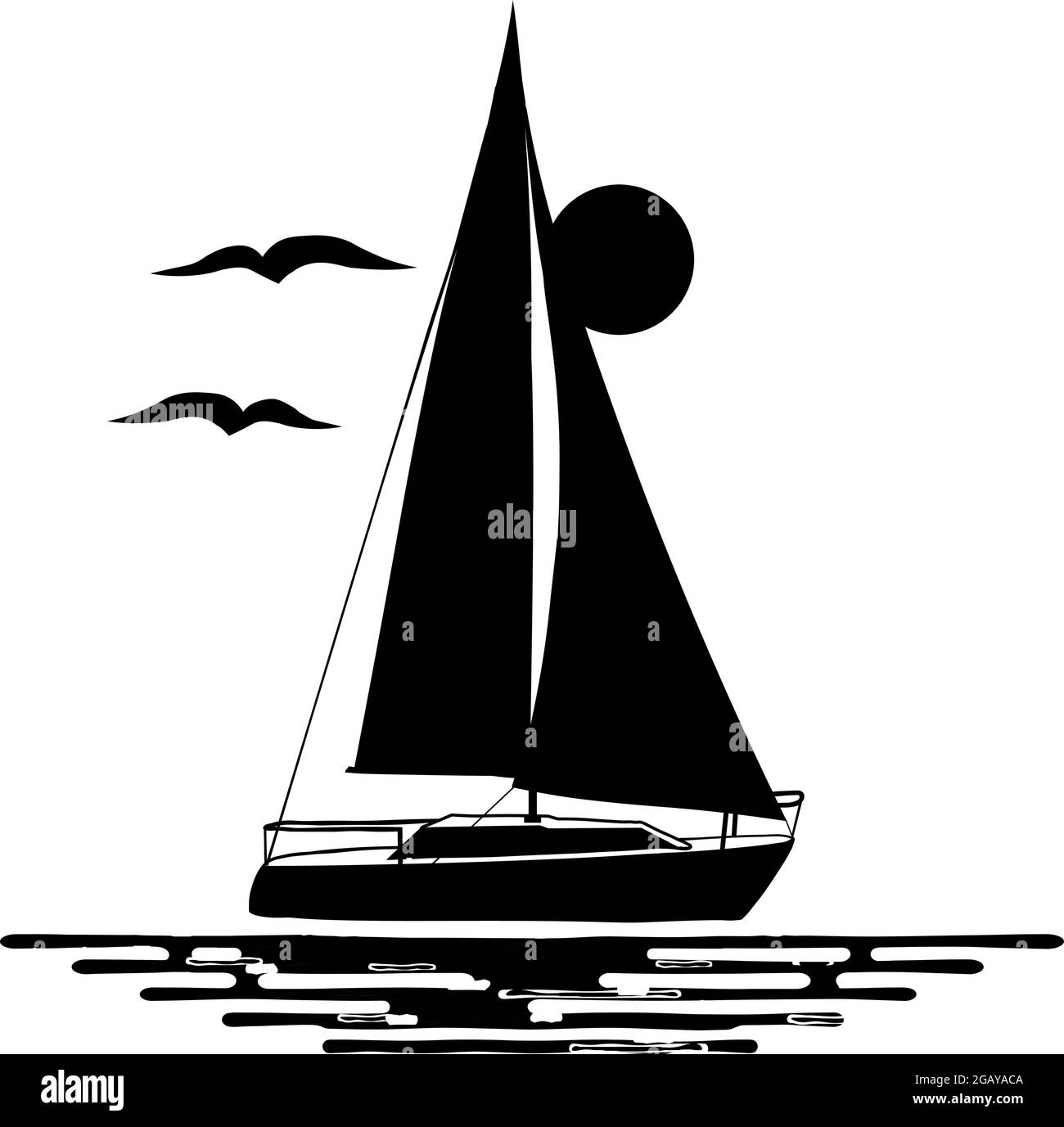 Schwarz-weiße Abbildung des Segelbootes isoliert auf weißem Hintergrund. Wasser, Vögel, Sonne, Silhouetten. Logo. Stock Vektor