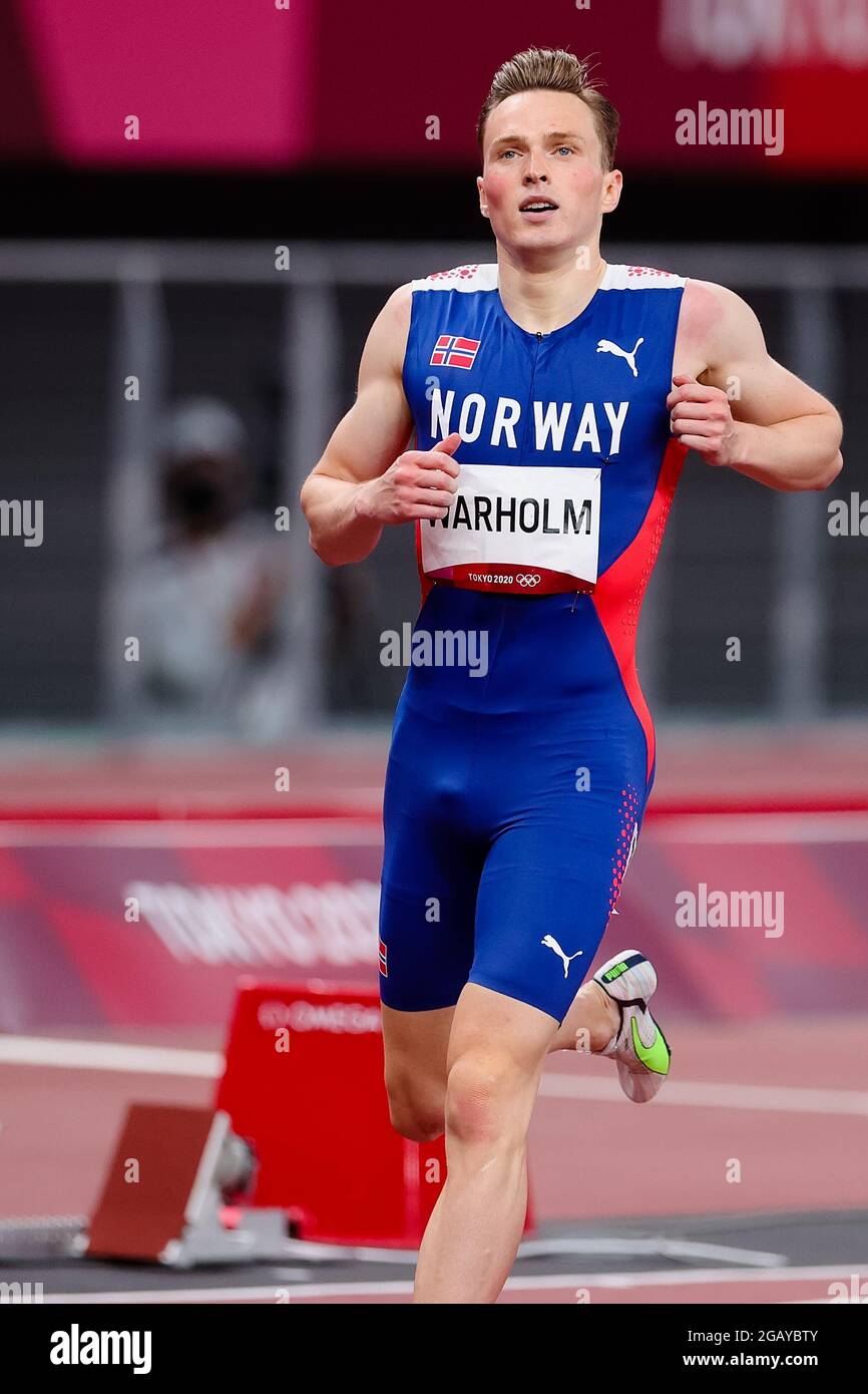 Tokio, Japan, 1. August 2021. Karsten Warholm vom Team Norwegen beim Halbfinale der 400-Meter-Hürden der Männer am 9. Tag der Olympischen Spiele 2020 in Tokio. Quelle: Pete Dovgan/Speed Media/Alamy Live News Stockfoto