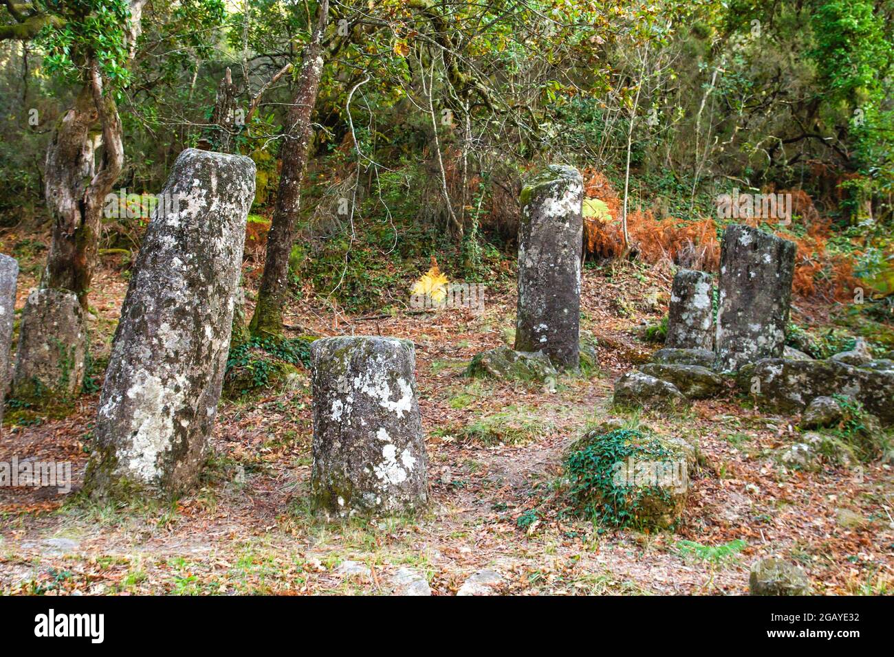 Granitmeilensteine auf der römischen Straße zwischen Braga und Astorga, Nationalpark Peneda Geres, Nordportugal Stockfoto